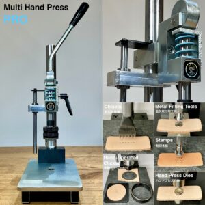 マルチハンドプレス【PRO】付属品: 抜き型用板1枚/ 治具2個/ ゴム板木目調(Size M)/ ドリルチャックハンドル (圧力能力: 1.5t)