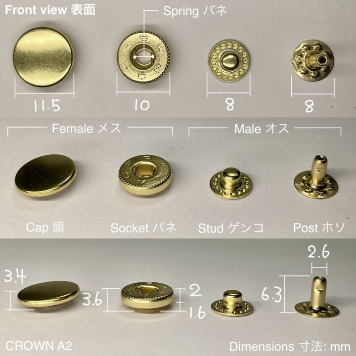 バネホック (小/ A2) 真鍮メッキ【CROWN】